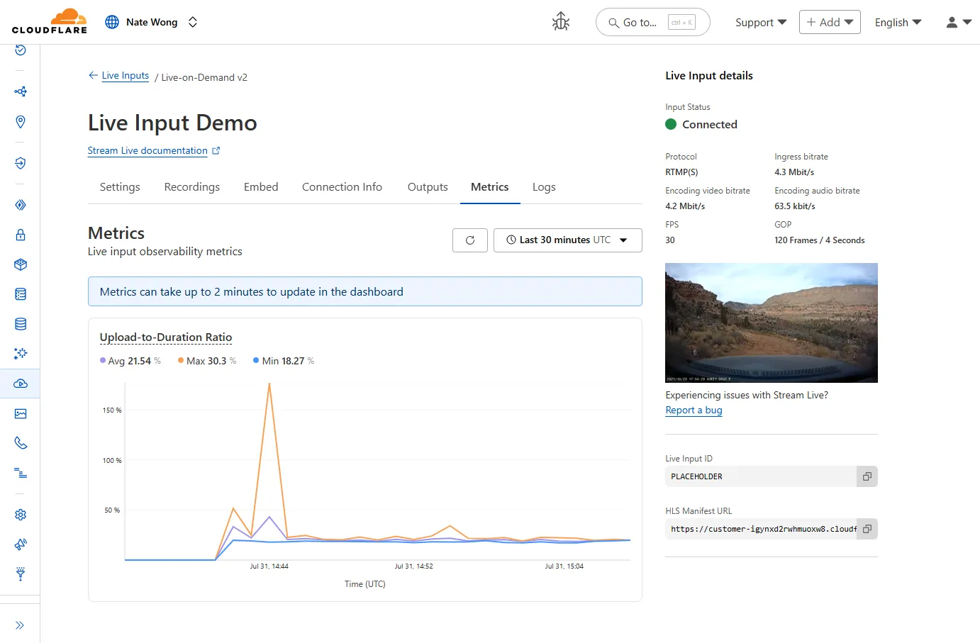 Live Input details showing metrics