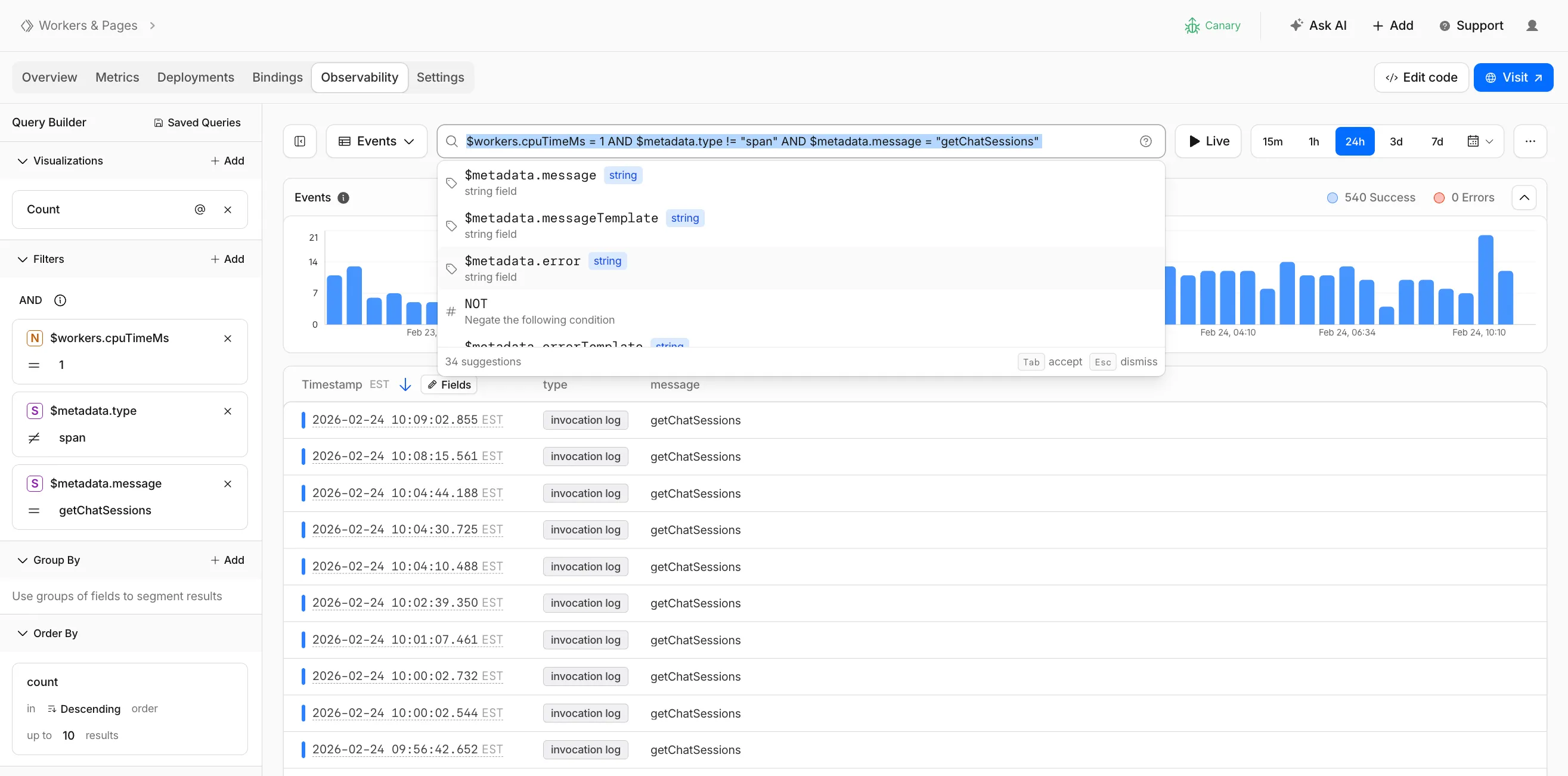 Workers Observability search bar with autocomplete suggestions and Query Builder sidebar filters