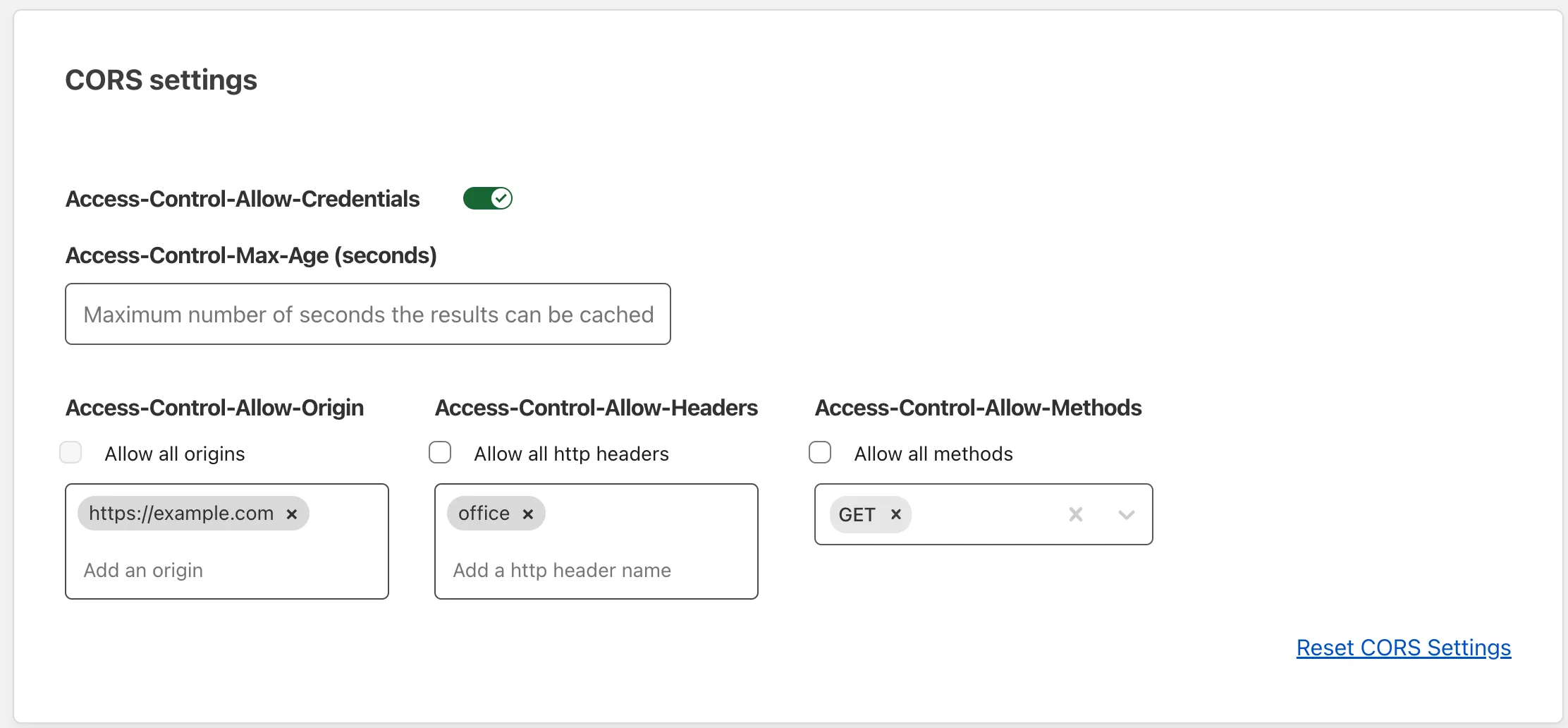 Example CORS settings configuration in Cloudflare One