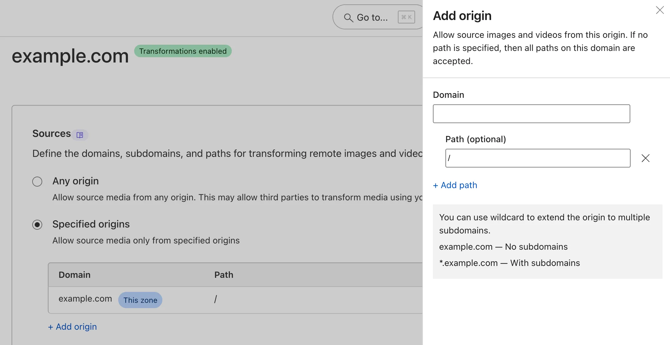 Add the origin for source images in the Cloudflare dashboard