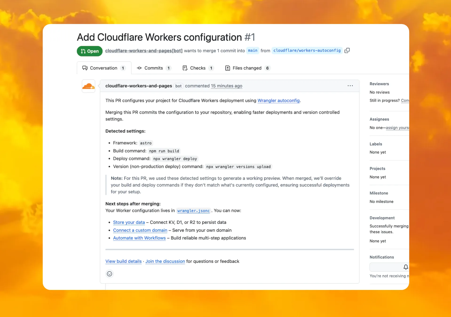 Example of an automatic configuration pull request created by Workers Builds