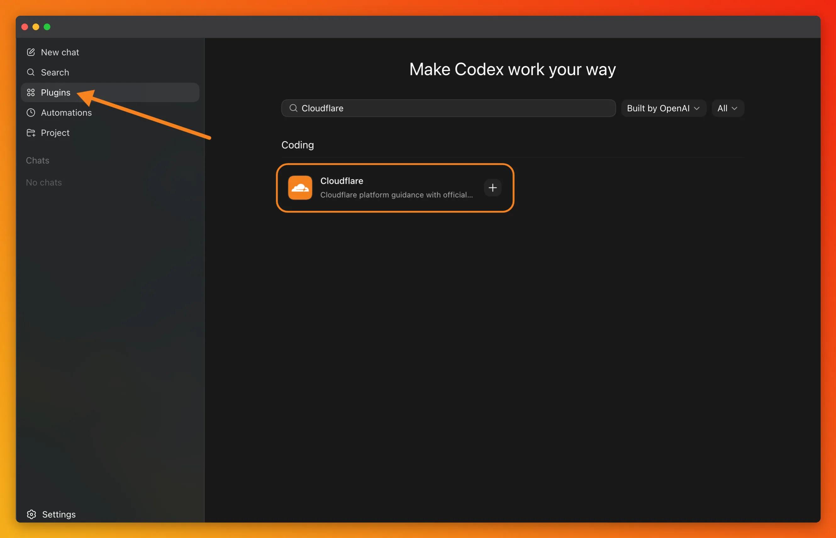 Install the Cloudflare plugin in the Codex standalone app.