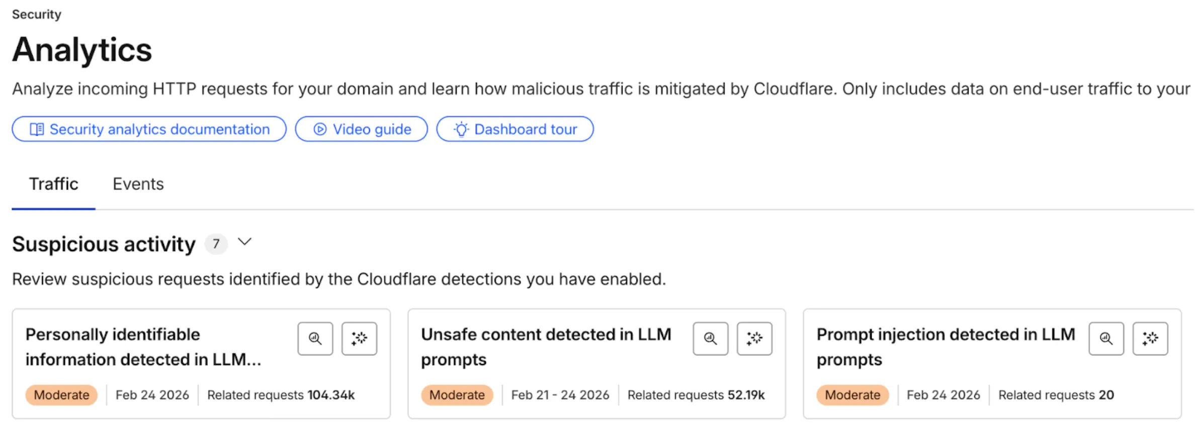 Security Analytics dashboard showing suspicious activity alerts for AI-specific threats