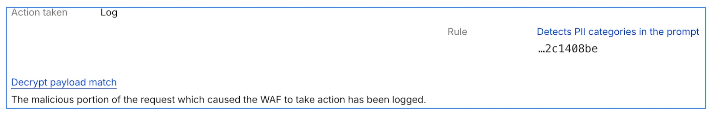 The details of a logged event due to detected PII categories with an encrypted payload