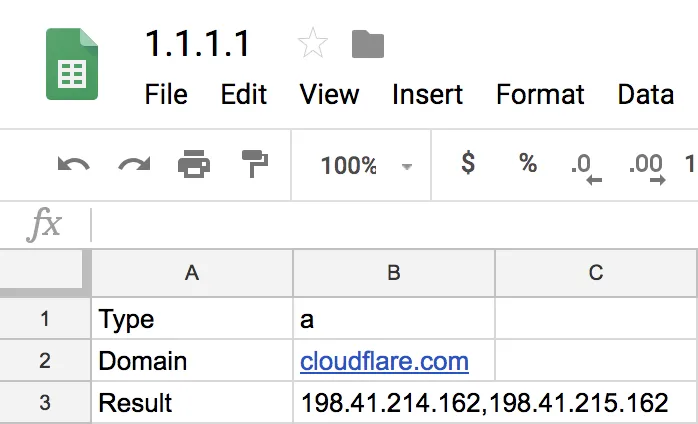 Google Sheets cell displaying the DNS lookup result
