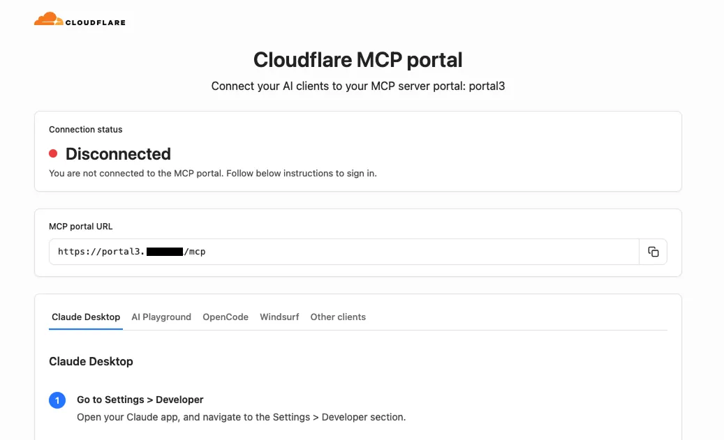 MCP server portal homepage showing connection status and setup instructions
