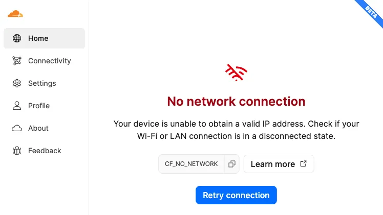 Example of error message in WARP GUI
